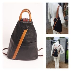Black Leather Backpack with Tan Trim - Women’s Convertible Backpack